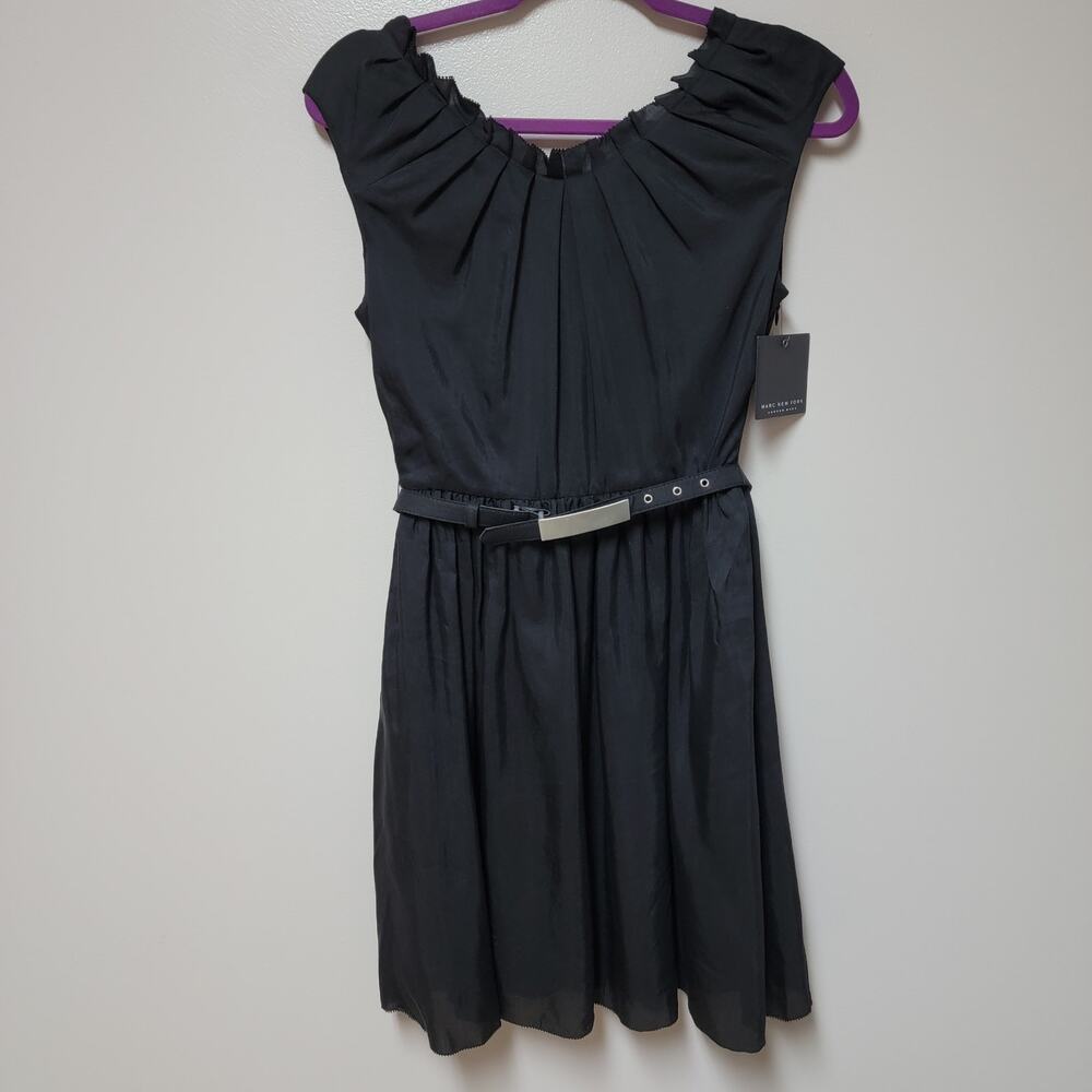 NWT Mark New York Silk Blend Belted Black Dress with Turquoise Lining Size 2